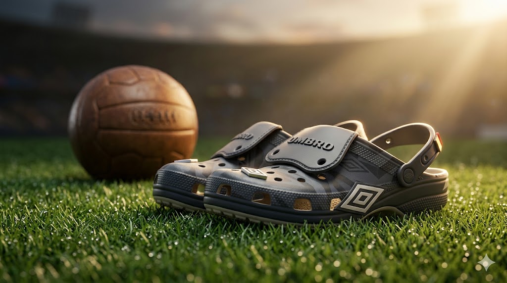 Crocs and Umbro collaboration footwear showing soccer aesthetic