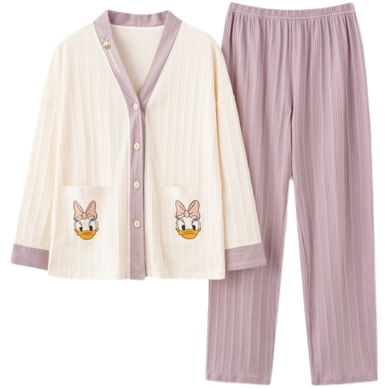 【猫人】纯棉V领开衫长袖家居服套装