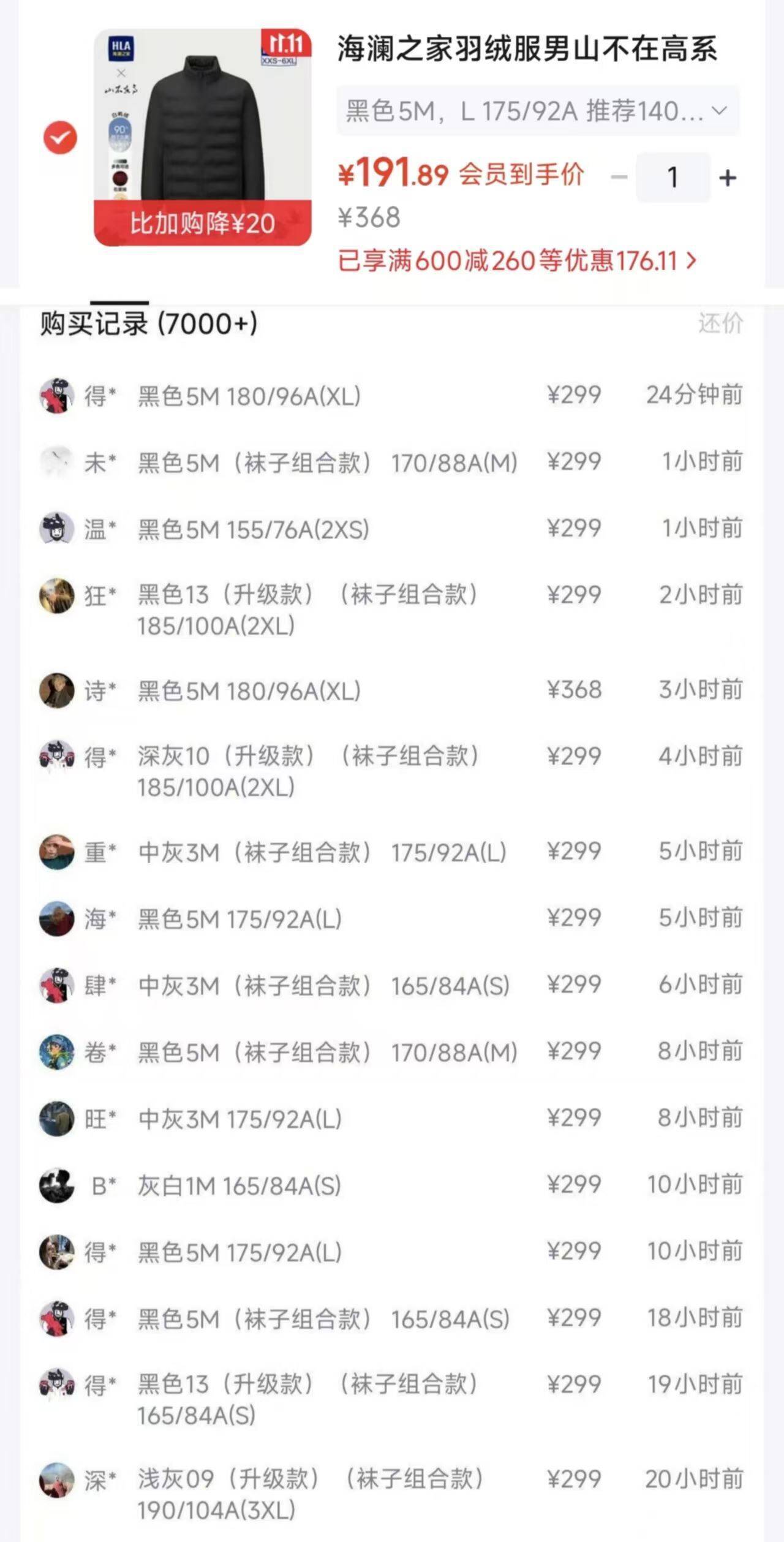 山不在高系列羽绒服到手191元，得物售价299元