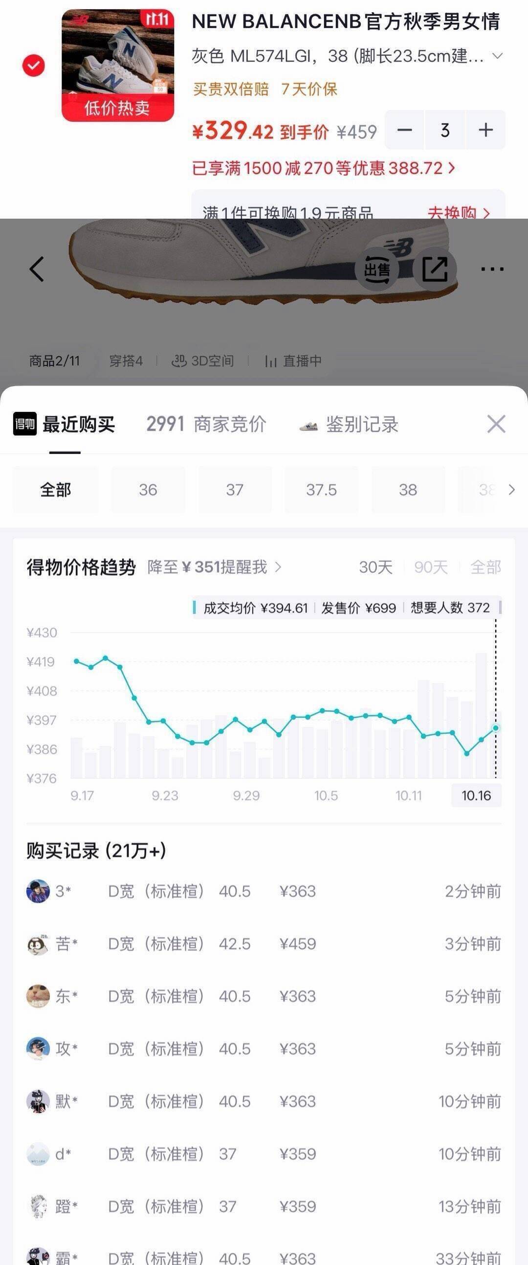 NB574LGI运动鞋到手270元，得物价379元速抢