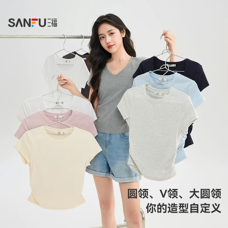 三福女T恤V领修身短款