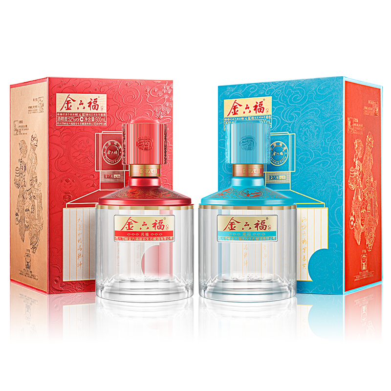 【金六福元福】五粮酿造 52度浓香型白酒 500ml*2 红蓝组合装