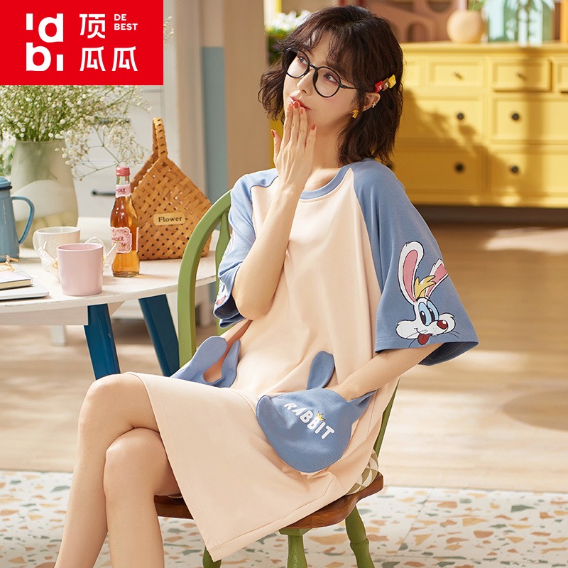 顶呱呱~纯棉夏季网红短袖睡裙