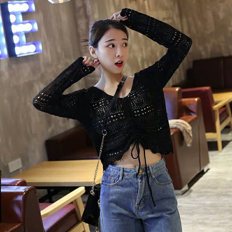 小清新韩版镂空chic气质抽绳短港风上衣女