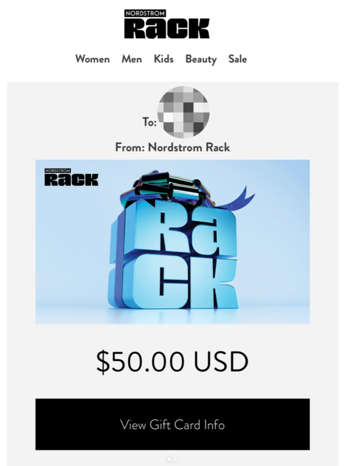 Three Nordstrom Rack gift cards for $50 each, totaling $150, displayed in an email screenshot.