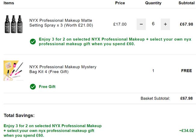 买三免一！NYX 雾面定妆喷雾 60ml*3瓶装折后价£11.33（约102元），每瓶约34元