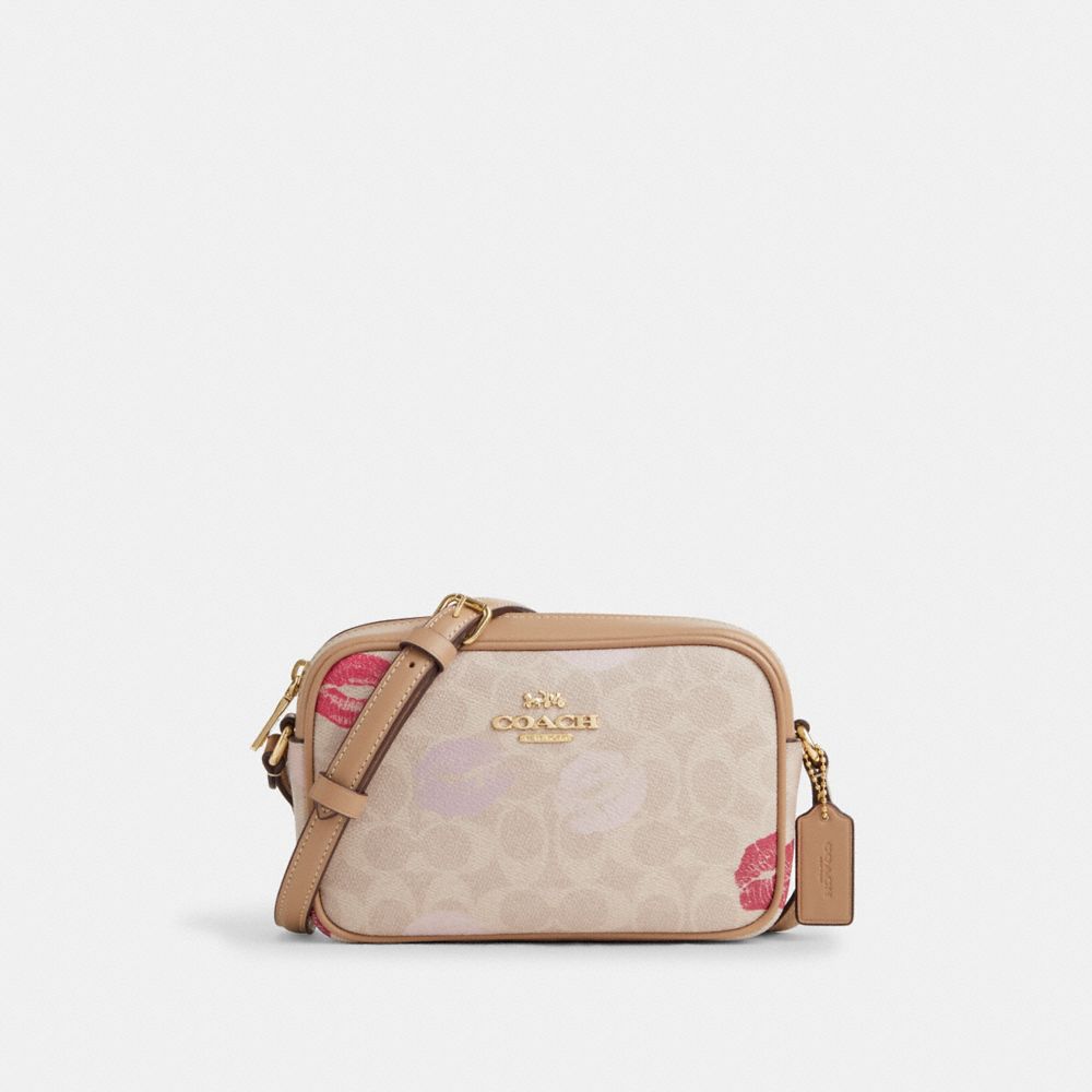 coach mini jamie camera bag in signature canvas with lips print