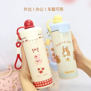 AA保温杯不锈钢高颜值卡通杯学生户外便携提绳吸管杯可爱动物浮球