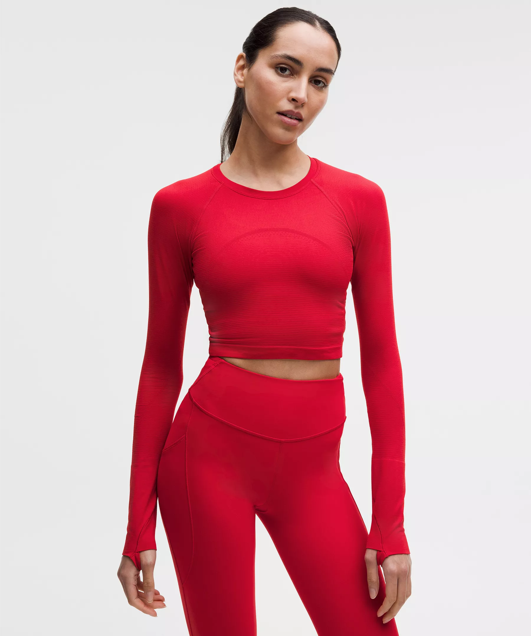 Lululemon Swiftly Tech Cropped女士长袖T恤 2.0 Oxford Red/Oxford Red 4