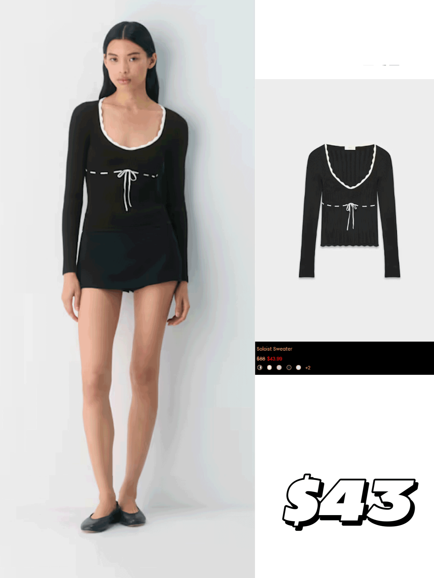 Model wearing a black and white contrast color tie-front knit cardigan from Aritzia.