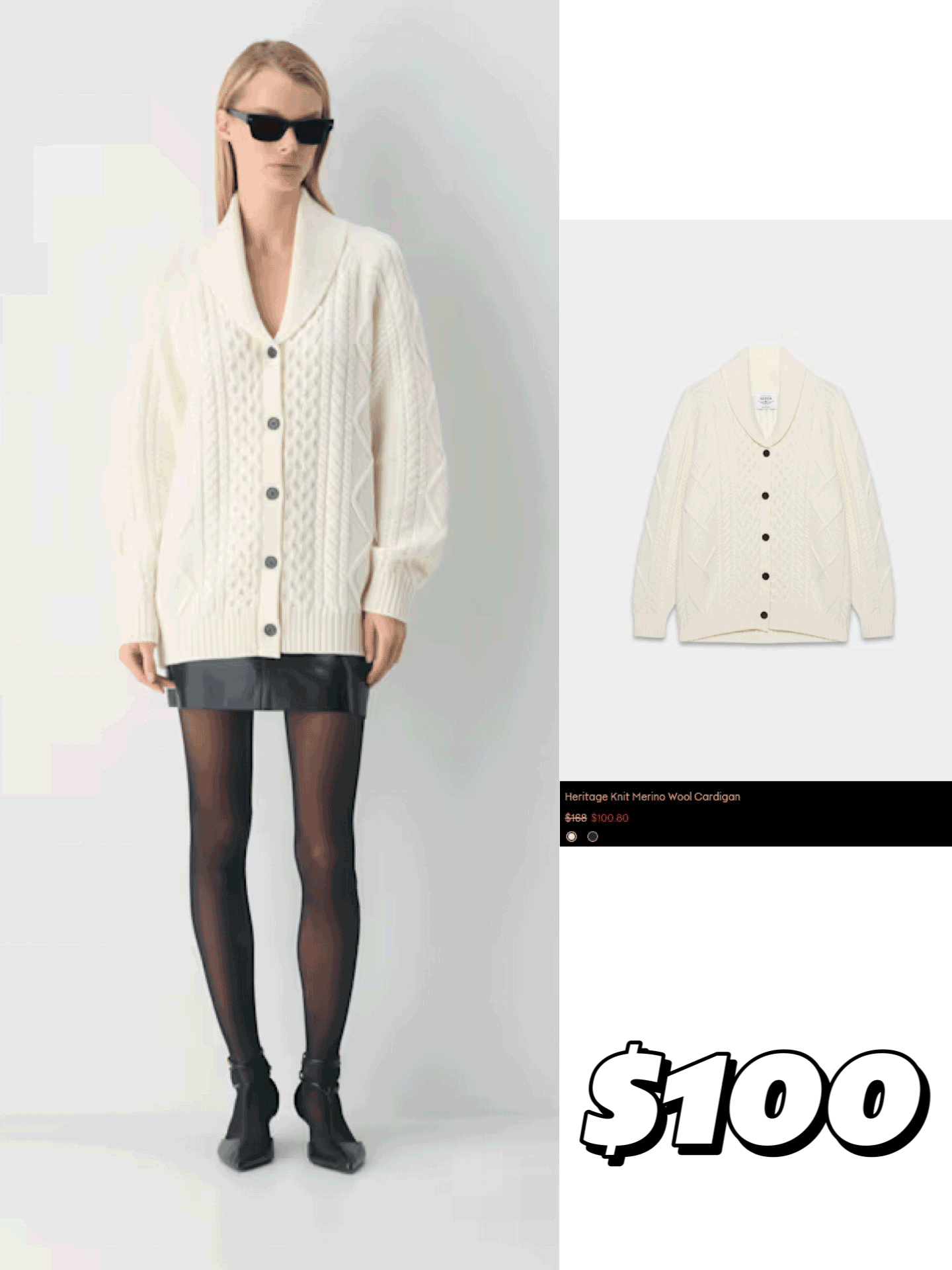 Model wearing a cream-colored Merino wool collared cardigan from Aritzia.