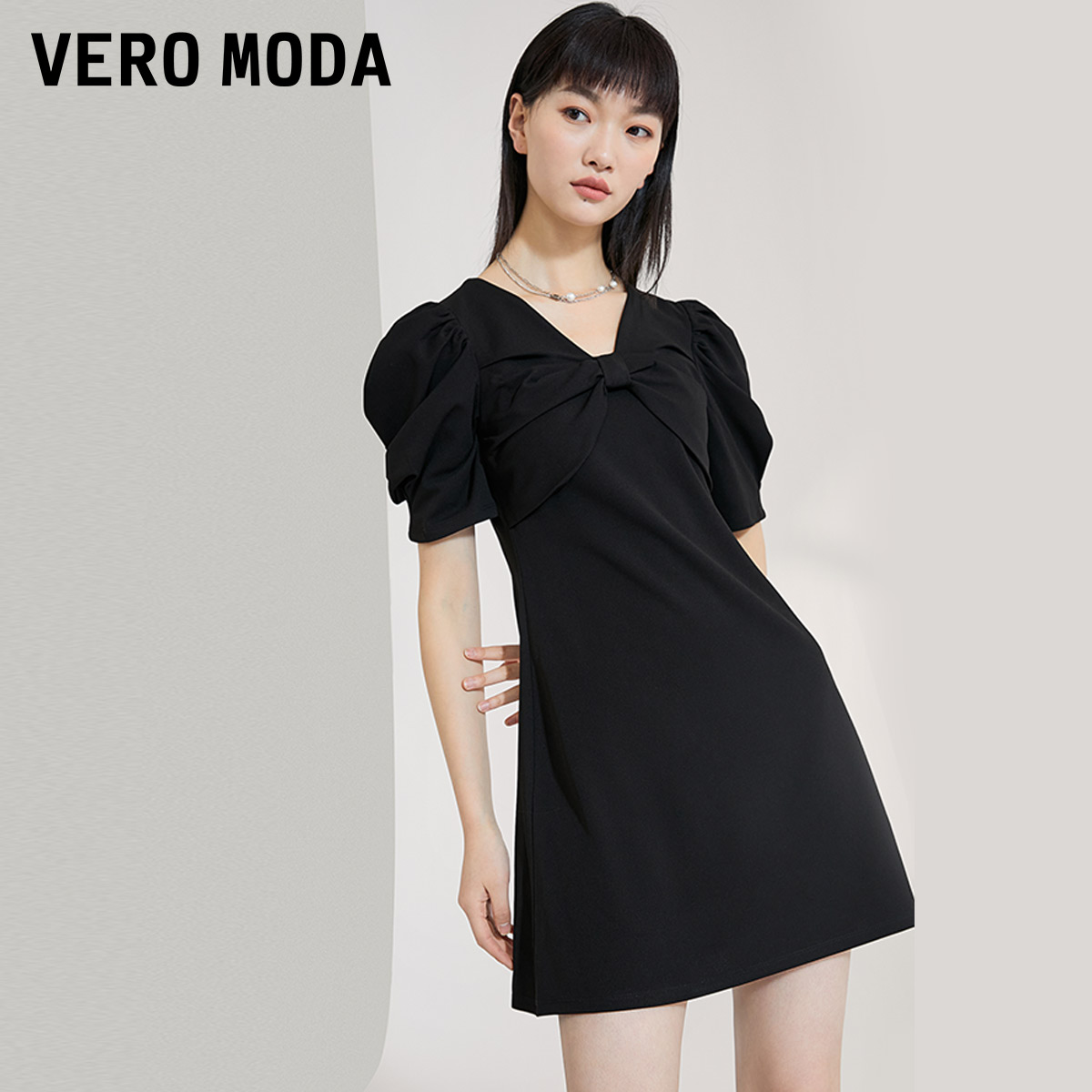 VeroModa抽褶大蝴蝶结泡泡袖法式连衣裙