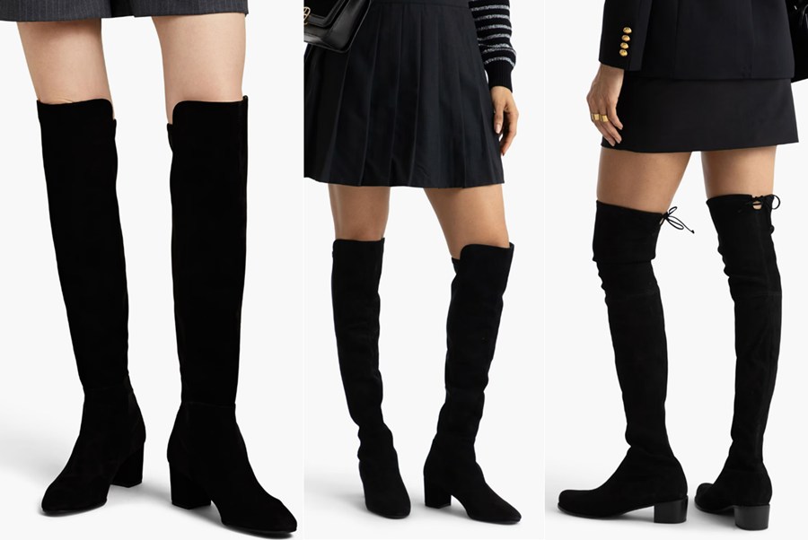 Close-up of a Stuart Weitzman over-the-knee boot in beige suede.