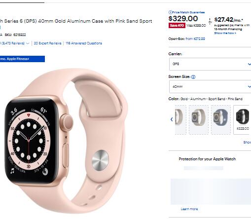 Apple Watch Series 6 智能手表40mm GPS版,折后$329 - 拔草哦