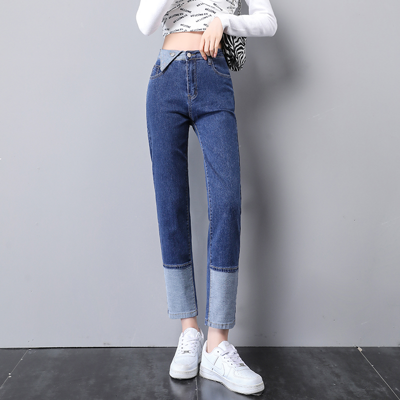 拼接撞色烟管直筒牛仔裤女高腰小个子显瘦