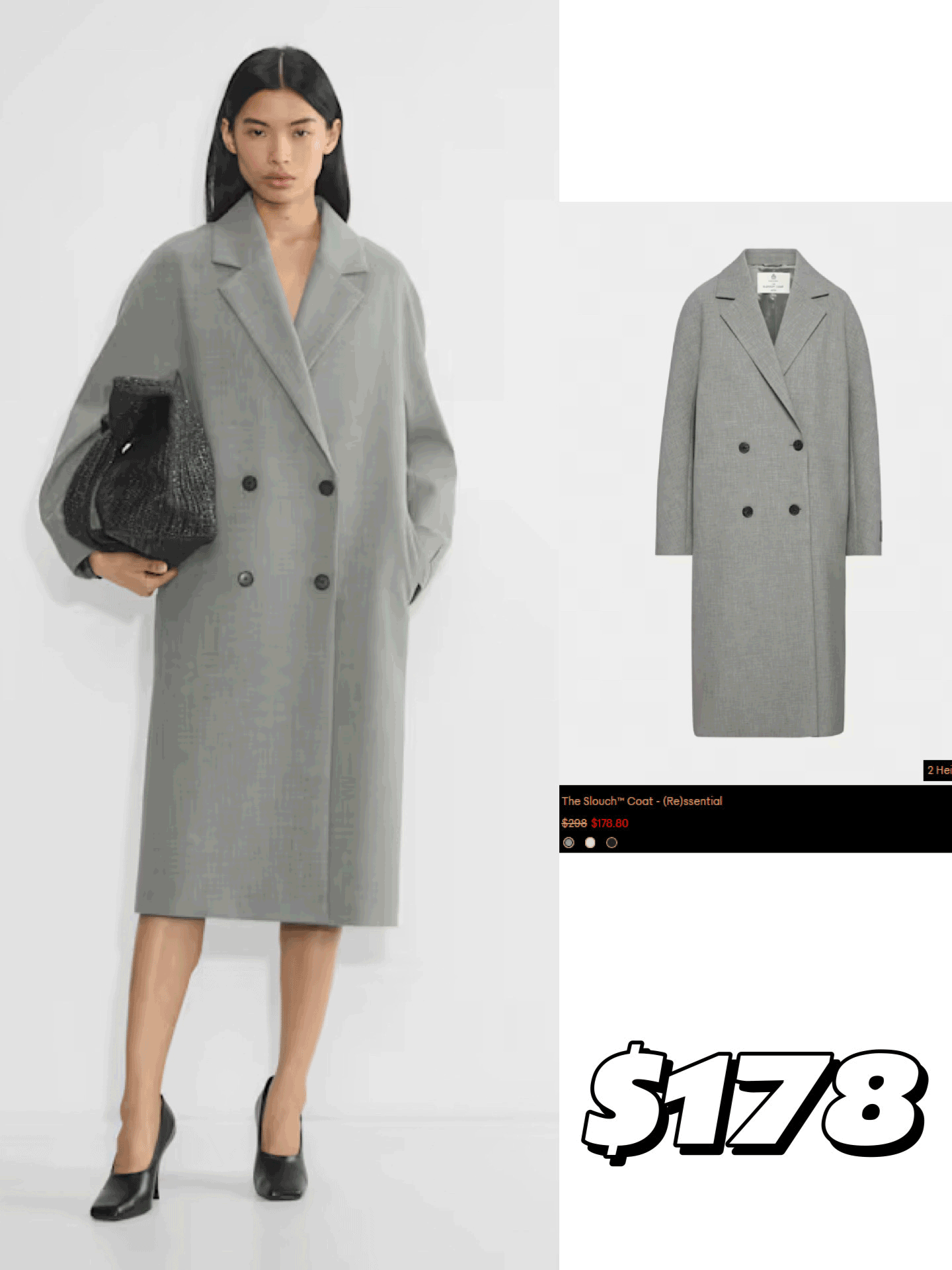 Model wearing a relaxed, oversized light gray double-breasted coat.