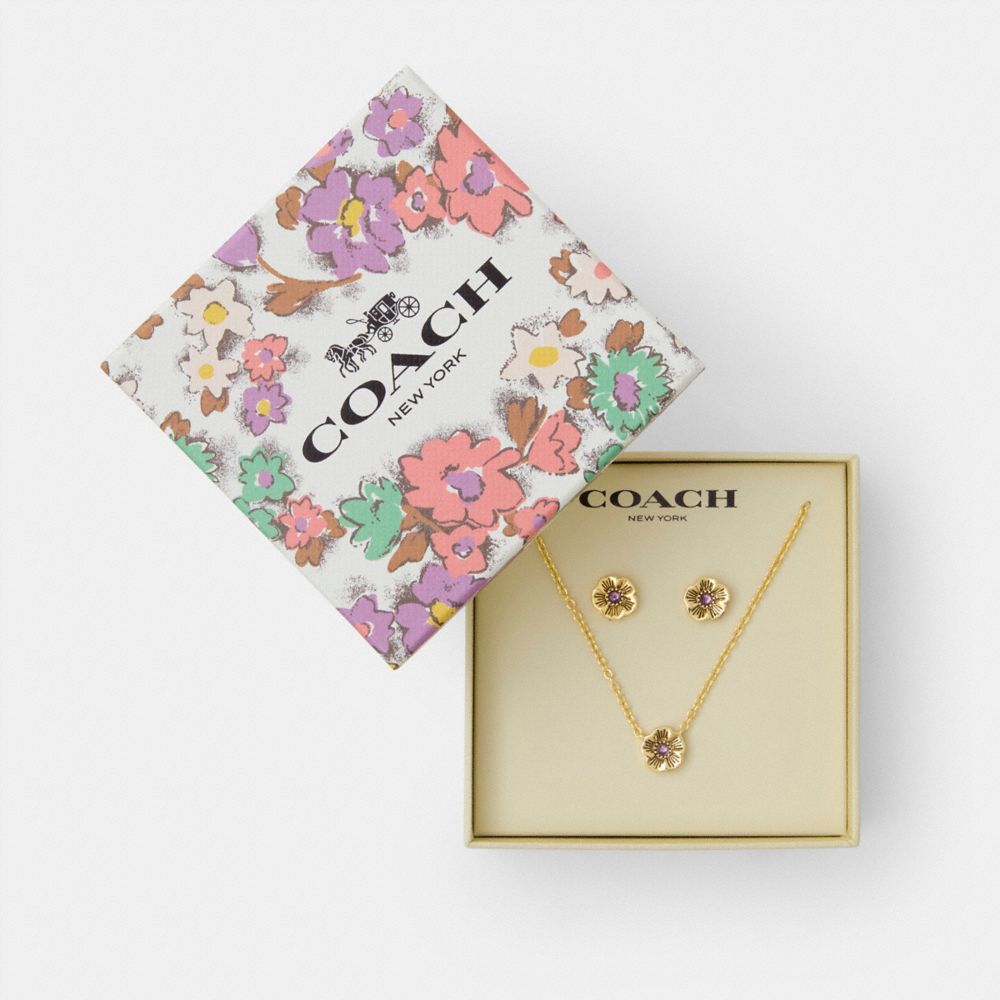 coach tea rose pendant necklace and earrings gift set CBB45-GLD