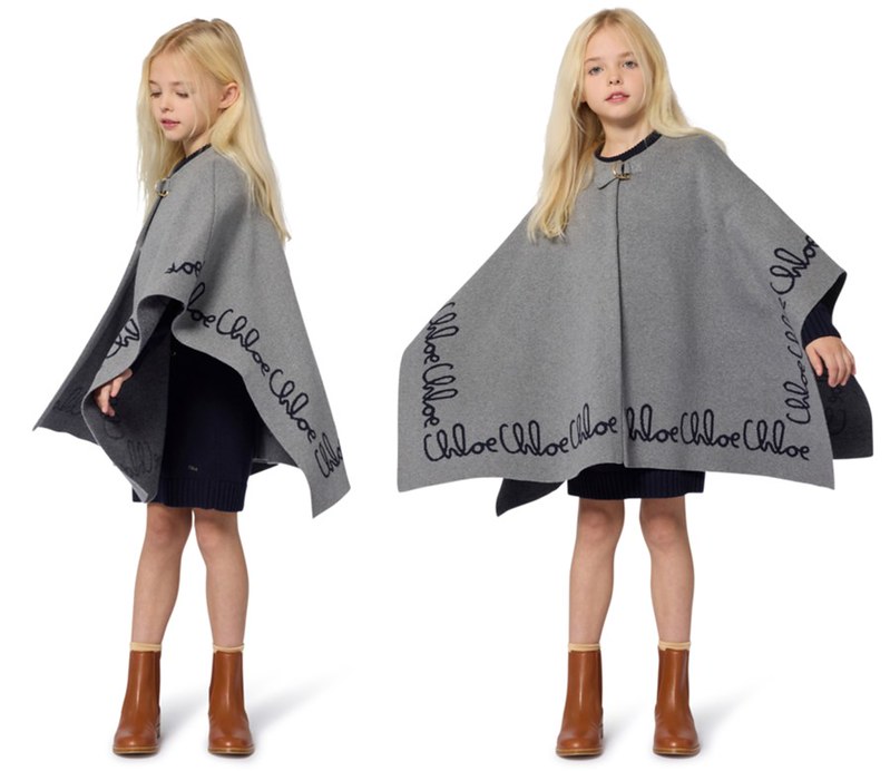 Close-up of the Chloe kids' cape showing the script logo detail.