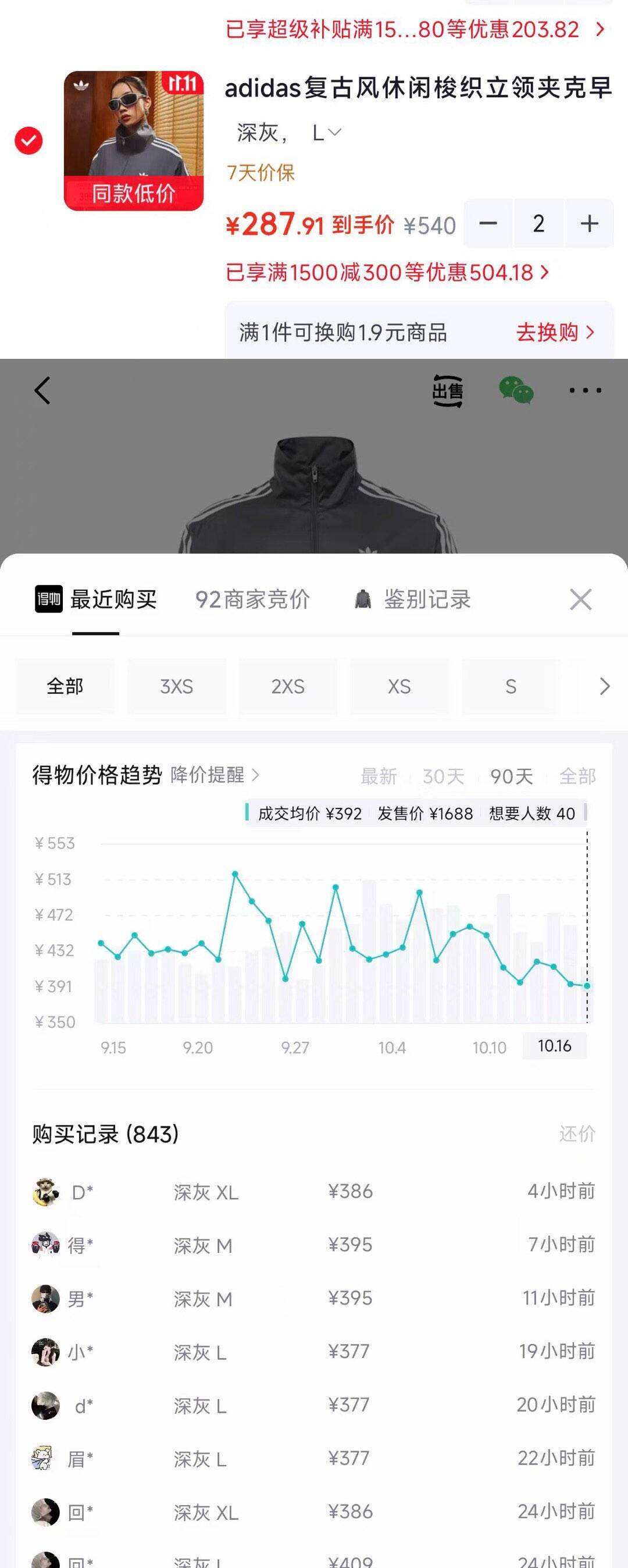 阿迪达斯外套购物金叠加凑单，最终到手价低至270元（得物同款389元）