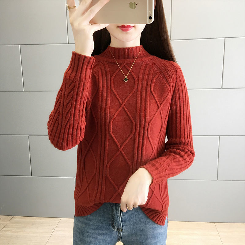 半高领加绒毛衣女加厚针织打底衫
