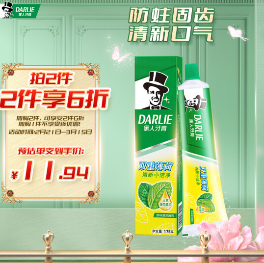 13.8元！黑人 双重薄荷牙膏175g*2件