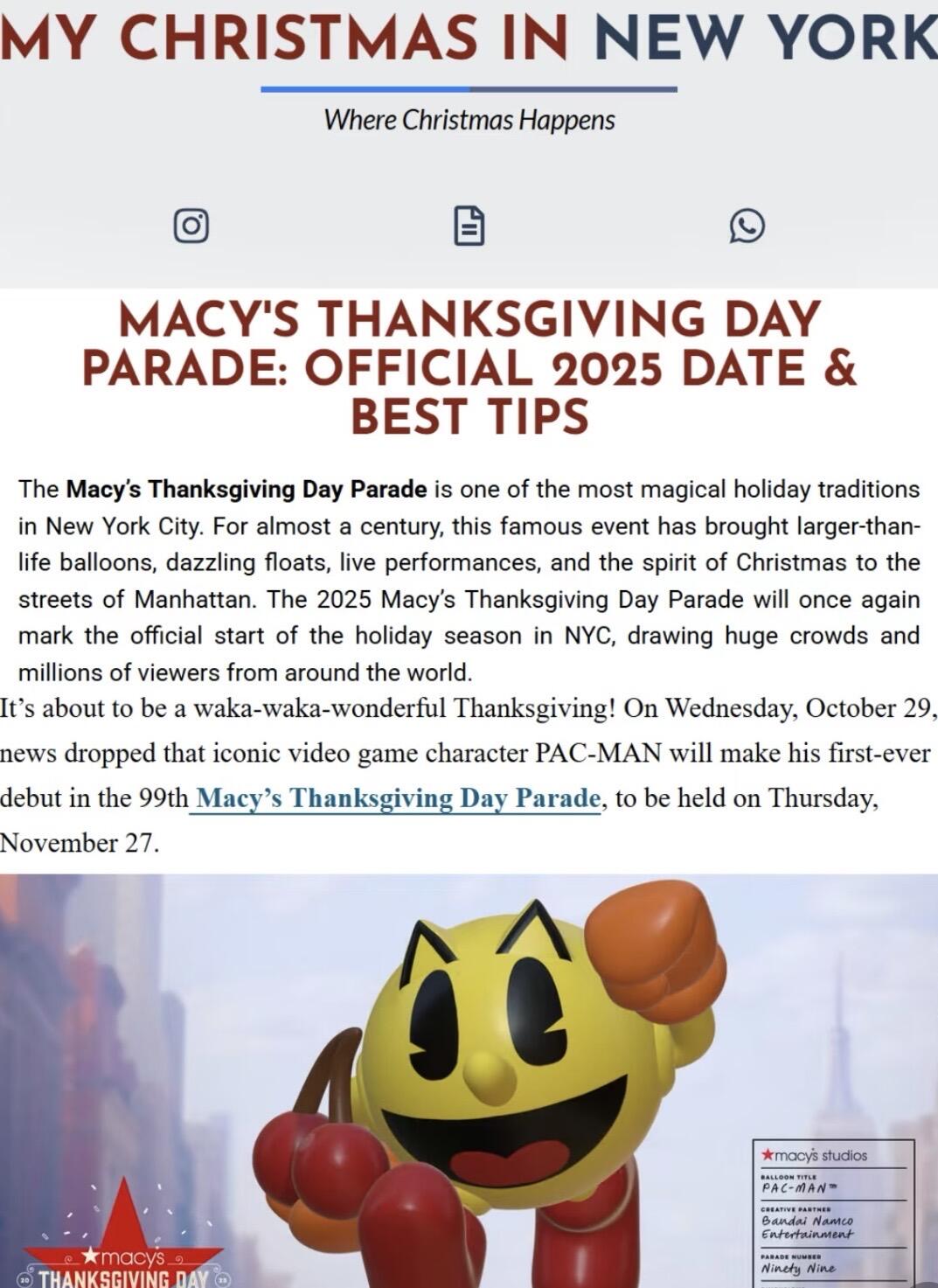 A massive, colorful giant balloon, likely a cartoon character, being pulled down a crowded street during the Macy's Thanksgiving Day Parade in New York City.