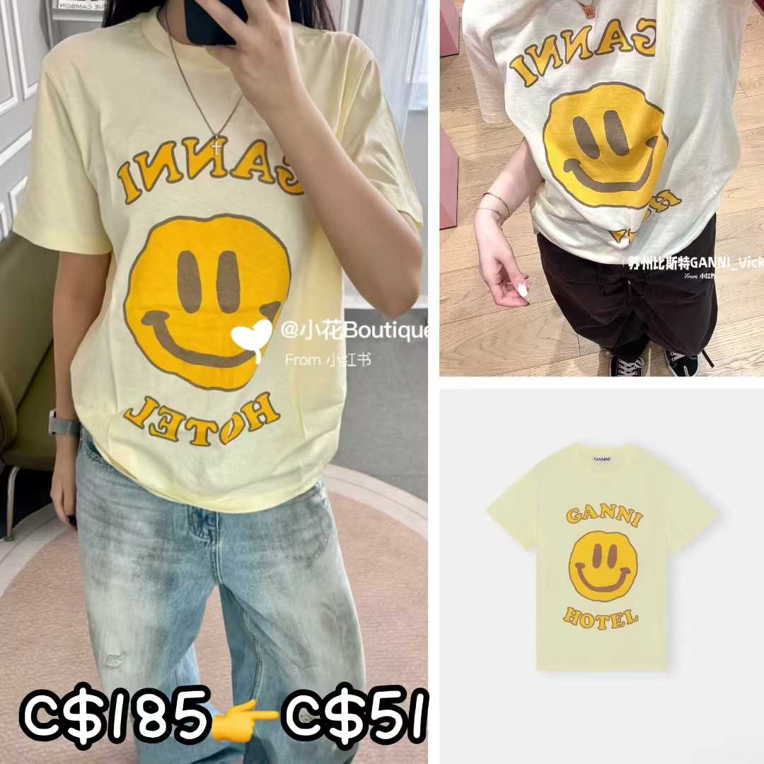 Ganni黄色笑脸T恤限时27折优惠,原价185加币，现价51加币- 拔草哦