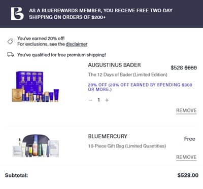 Bluemercury checkout cart showing 20% off Augustinus Bader Advent Calendar