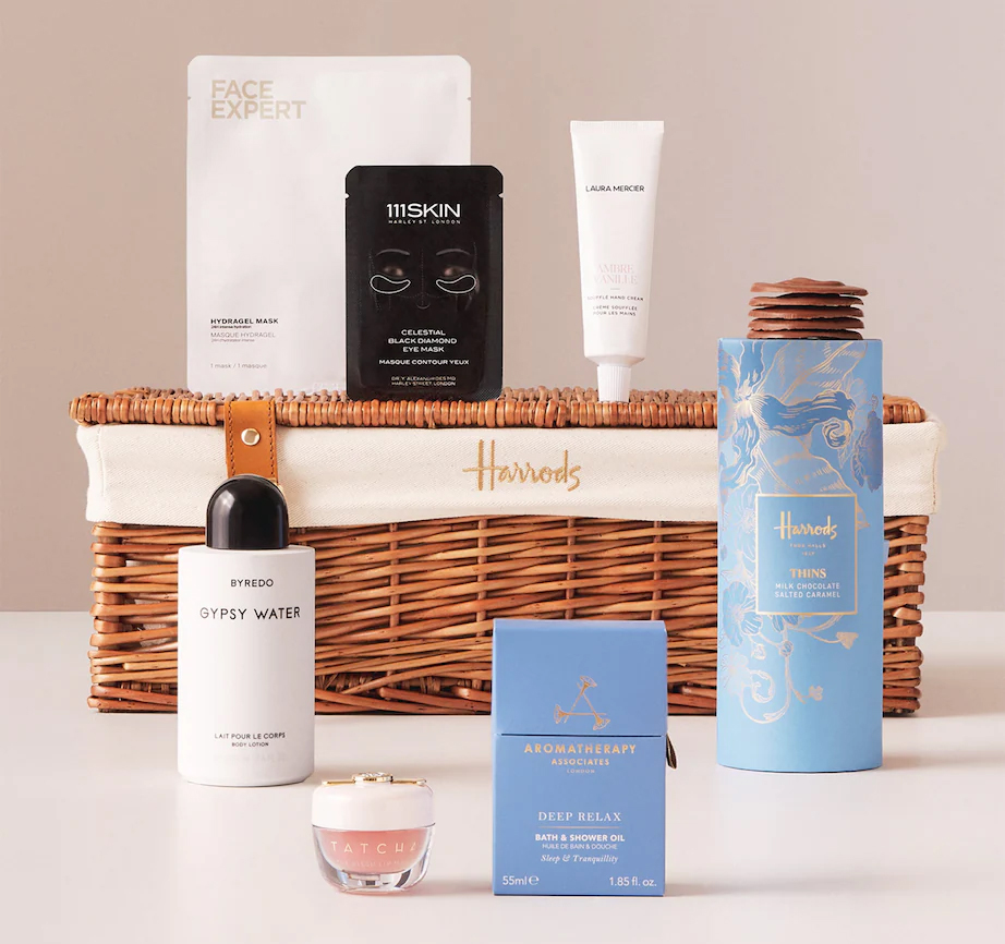 Harrods The Self-Care Hamper unboxing featuring luxury skincare and wicker basket
