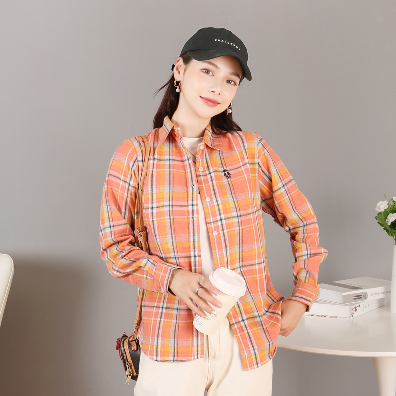 【传情豆】春季刺绣小熊格子衬衫修身