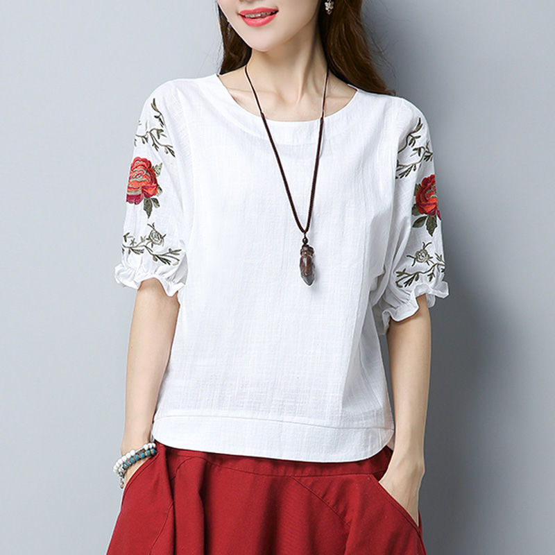 夏季棉质白色短袖刺绣T恤女宽松显瘦 