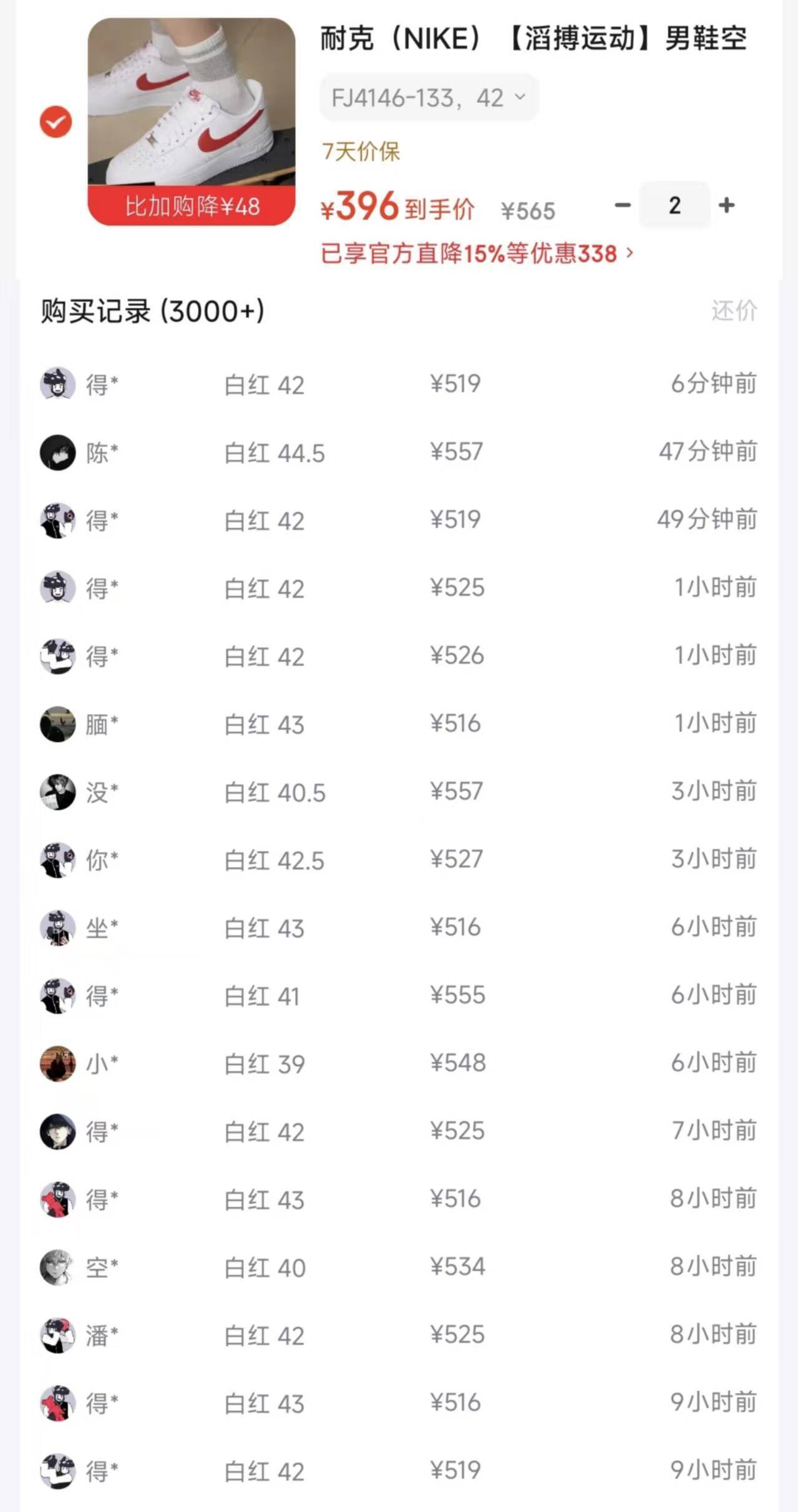 耐克AF1白红鞋拍2到手396元
