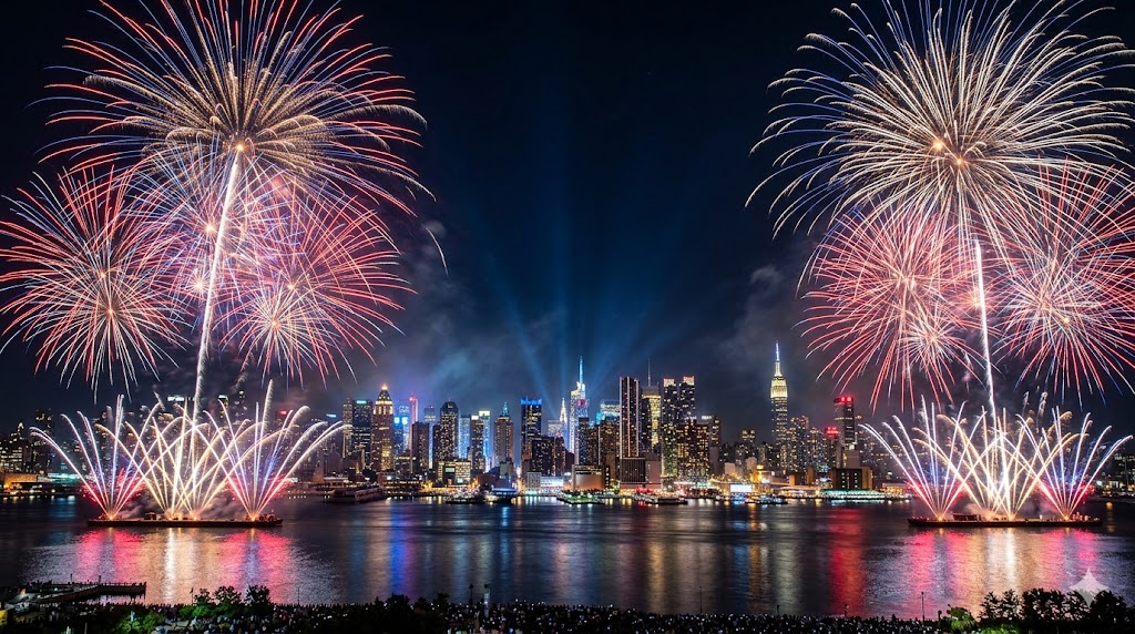Macy's spectacular 4th of July Fireworks illuminating the New York City skyline over the river