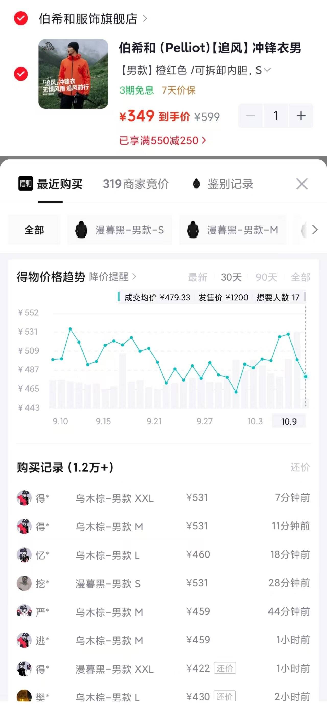 伯希和追风三合一冲锋衣到手349元