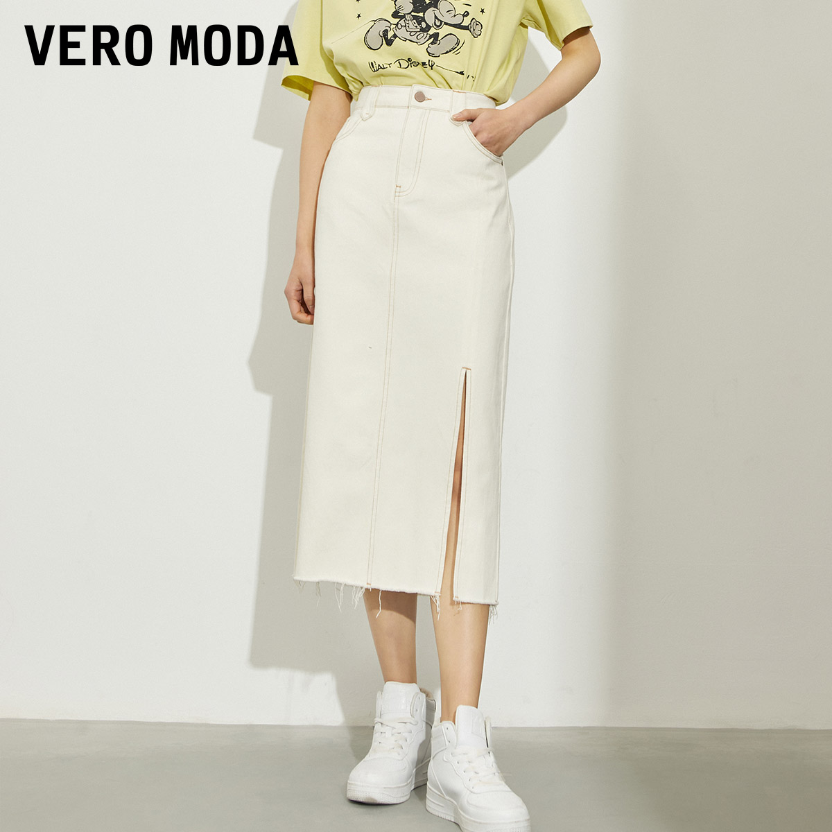 VeroModa新款开叉直筒高腰牛仔中长款半身裙