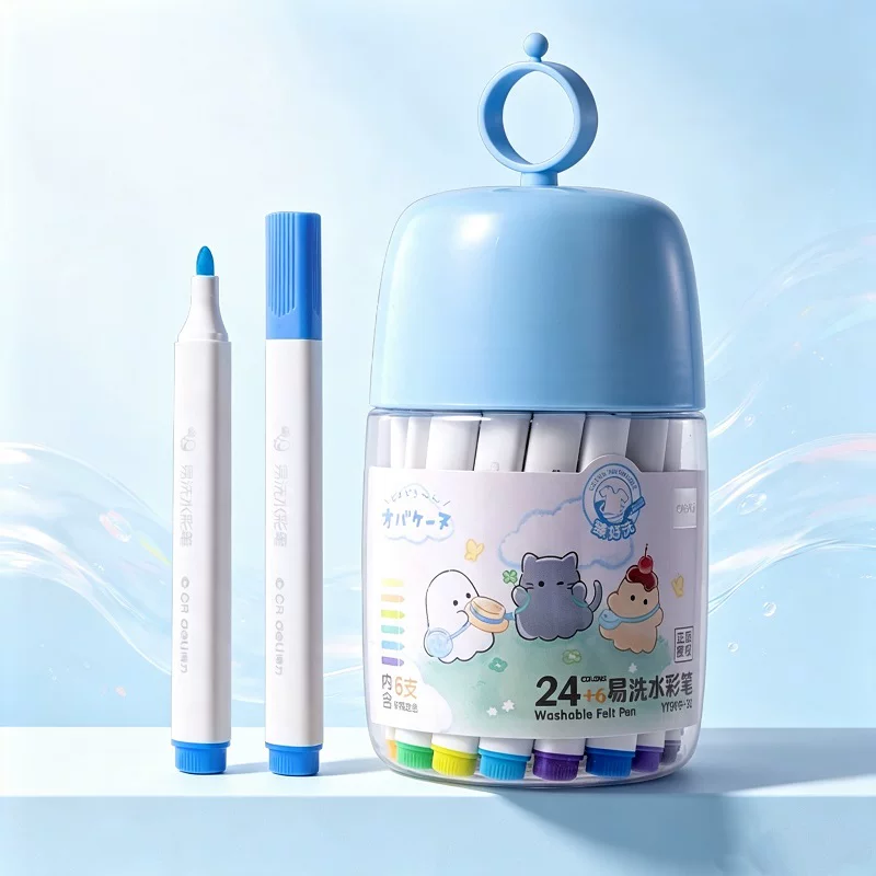 得力24色三角杆水彩笔套装小学生儿童宝宝幼儿园用画画涂鸦绘画手绘笔水彩画笔大容量彩色笔绘画笔套装