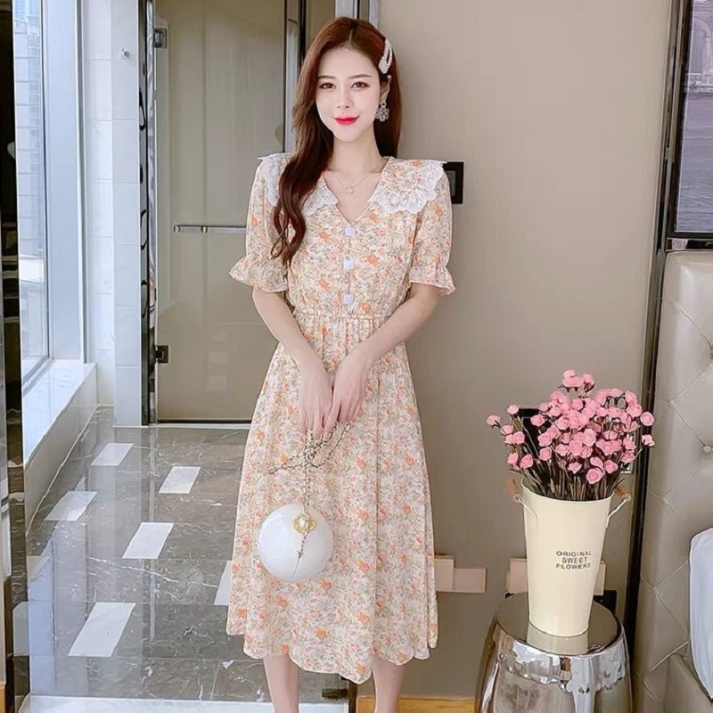 新款网纱拼接温柔风初恋短袖连衣裙