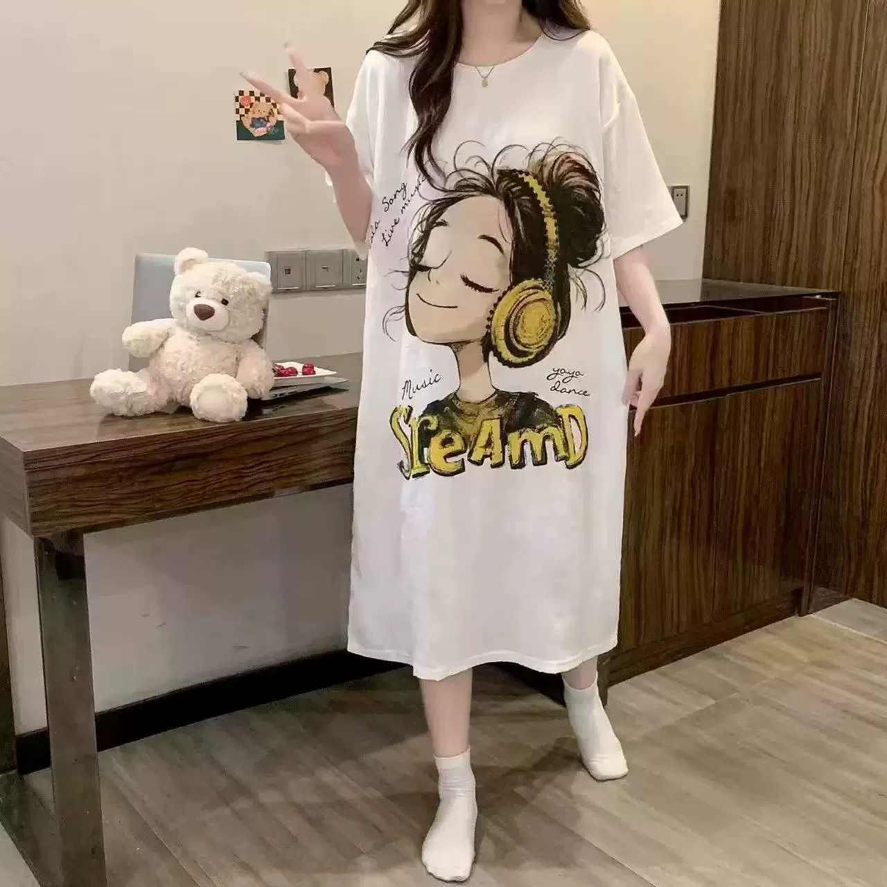 夏季睡衣女短袖短裤云朵棉圆领卡通宽松家居服套装外穿qyg