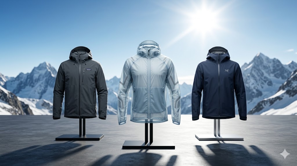 A hiker wearing a technical sun protection hoodie trails through a sunny mountain ridge
