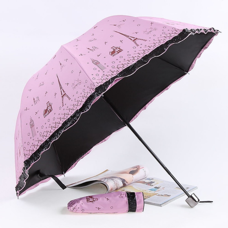 【户外雨具】大号黑胶男女折叠太阳伞 遇水开花粉色