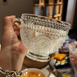 7.9元包邮！且沐  风北欧复古浮雕玻璃杯 大号430ml *2个