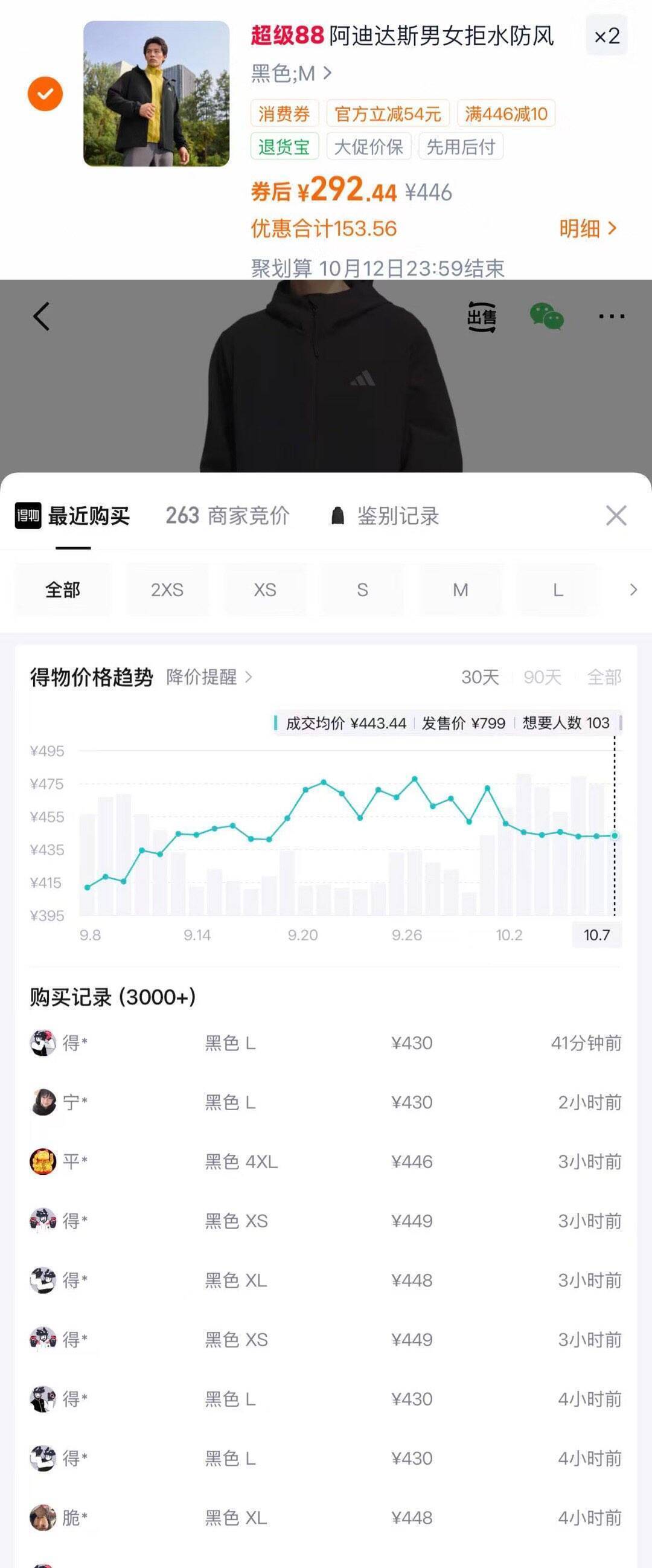 阿迪达斯夹克外套领券到手278元，得物价430元