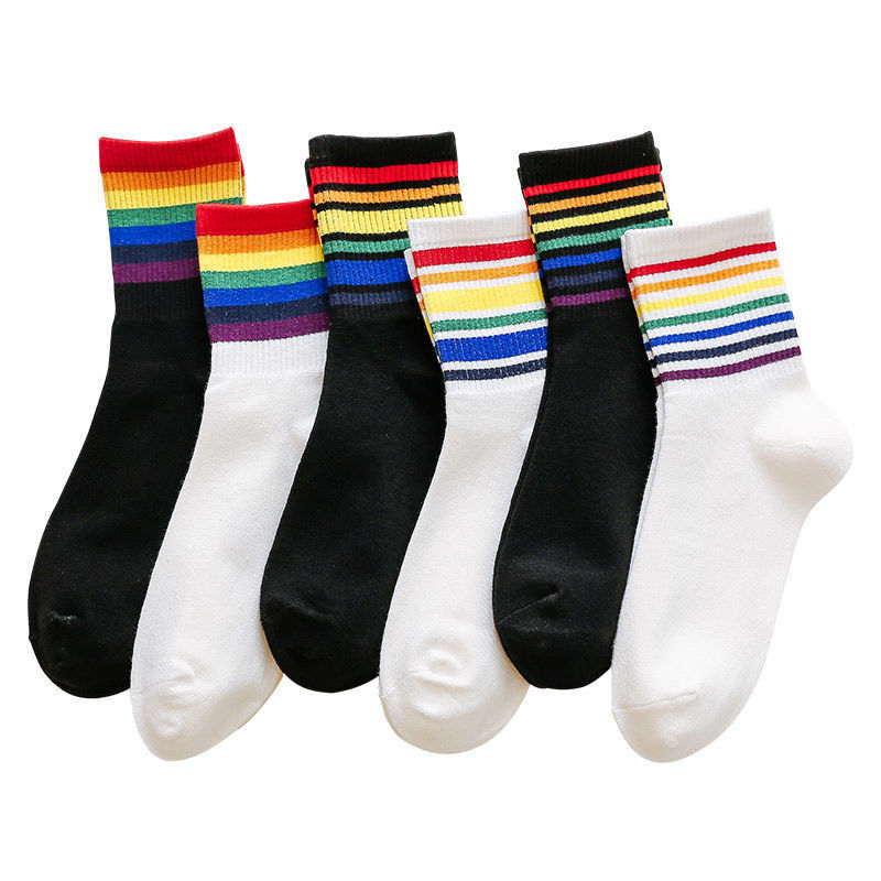 6双纯棉彩虹拼色潮流中筒袜子女