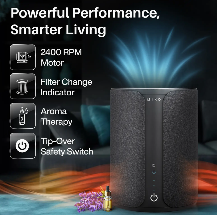 Image demonstrating the MIKO air purifier's essential oil aromatherapy feature.