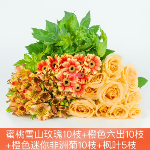 29.9元包邮！花点时间 橙色系鲜花套餐组合玫瑰+六出+迷你非洲菊+枫叶（共35朵）