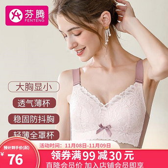 44元包邮！芬腾 大胸显小全罩杯聚拢文胸