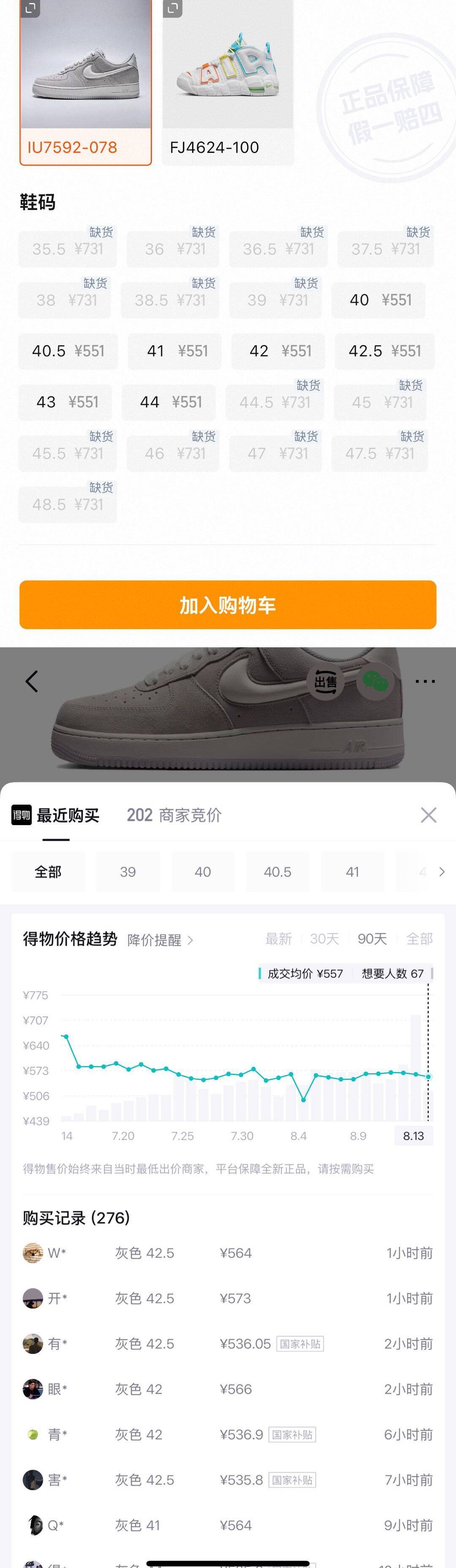 耐克AF1单拍到手445元，得物价569元码数全