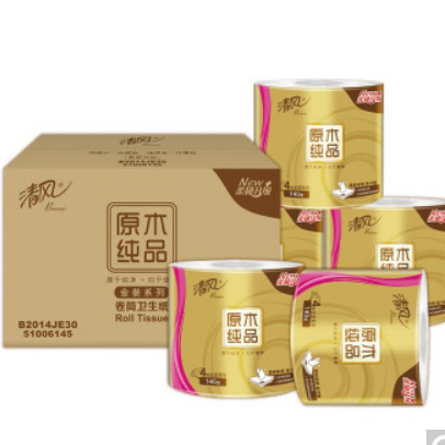 36.13元！清风 原木纯品金装系列 有芯卷纸 4层140g30卷（需买3件 付108.4元）