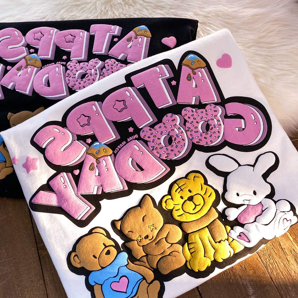 拍3件】小仙女家国潮印花小熊t恤女宽松短袖