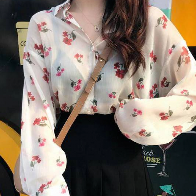 Piruity碎花小清新雪纺夏衬衫女